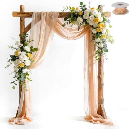 2 verpakkingen champagne chiffon bruiloftsgordijnen, 75 cm x 600 cm, tule volant, drapeerstof, decoratieve gordijnen voor bruiloftsboog, cer