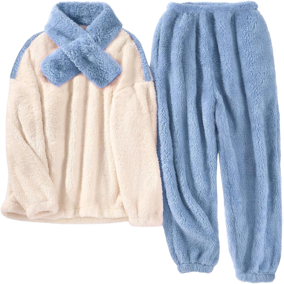 Pyjama voor dames, winter, fleece, pyjama, warm, pyjama, zacht, lange mouwen, pyjama, nachtkleding, met zakken en sjaals