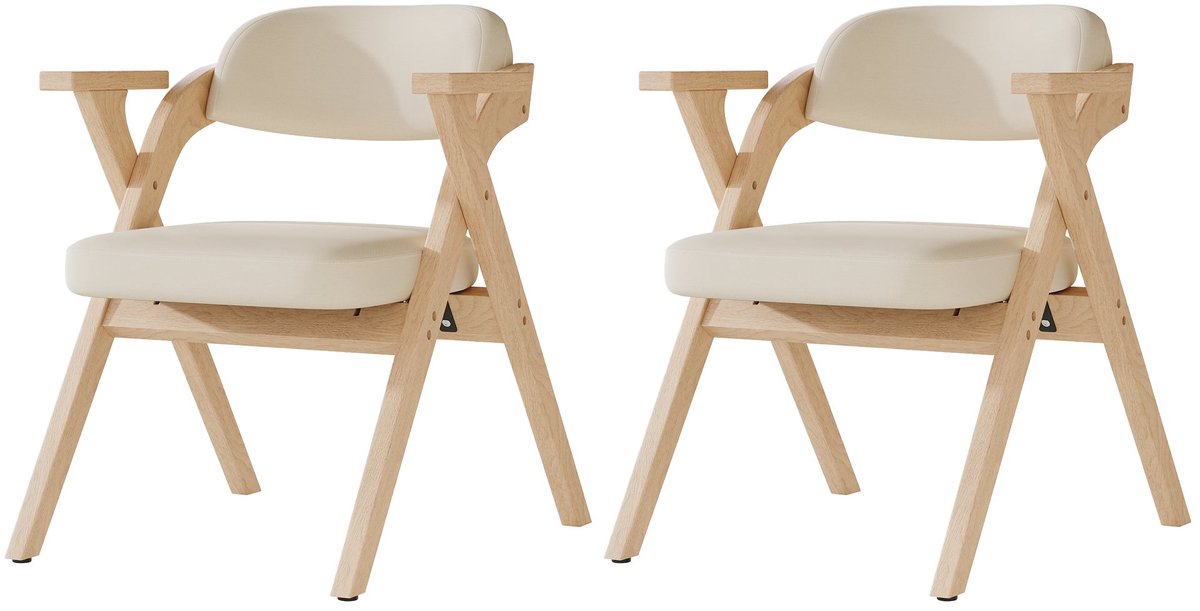 Merax Opvouwbare Eetkamerstoelen Set van 2 – Massief Hout Stoelen met Armleuning – Inklapbare Stoel met Linnen Zitting – Compacte Stoelen Woonkamer & Eetkamer – Beige