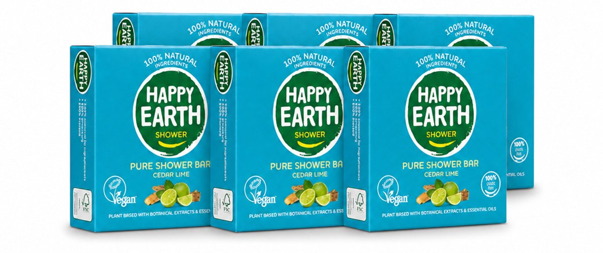 6 x Happy Earth – Shower Bar – 100% Natuurlijk Cedar Lime – 90 g - Voordeelverpakking - 6 stuks