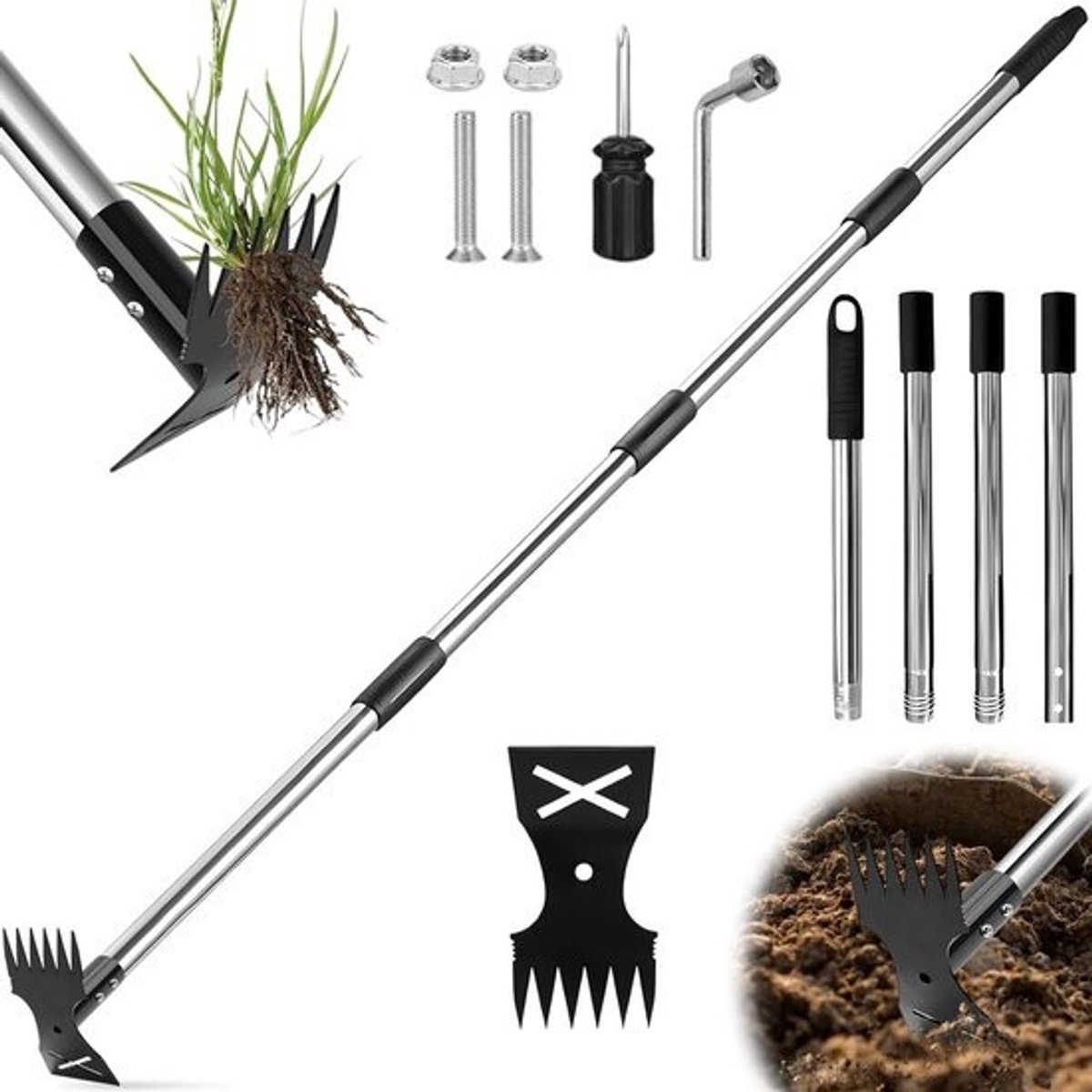 SnelShoppen - Onkruidtrekker 148 cm - 2-in-1 Handmatige Onkruidhark en Tuinschoffel - Ergonomisch Tuingereedschap voor Ontwortelen en Onkruidverwijdering