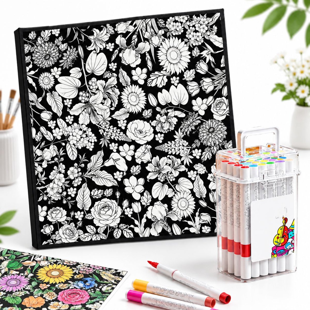 VHV - Kleurdeken Met Stiften - DIY Kleurdeken - 125cm × 150cm - Met 24 Acryl Stiften - Kleurdekens voor Volwassenen & Kinderen - Wasbaar Kleurboekdoek - Decoratieve Plaid Voor Bank of Bed - Decoratie voor Huis - Bloemen