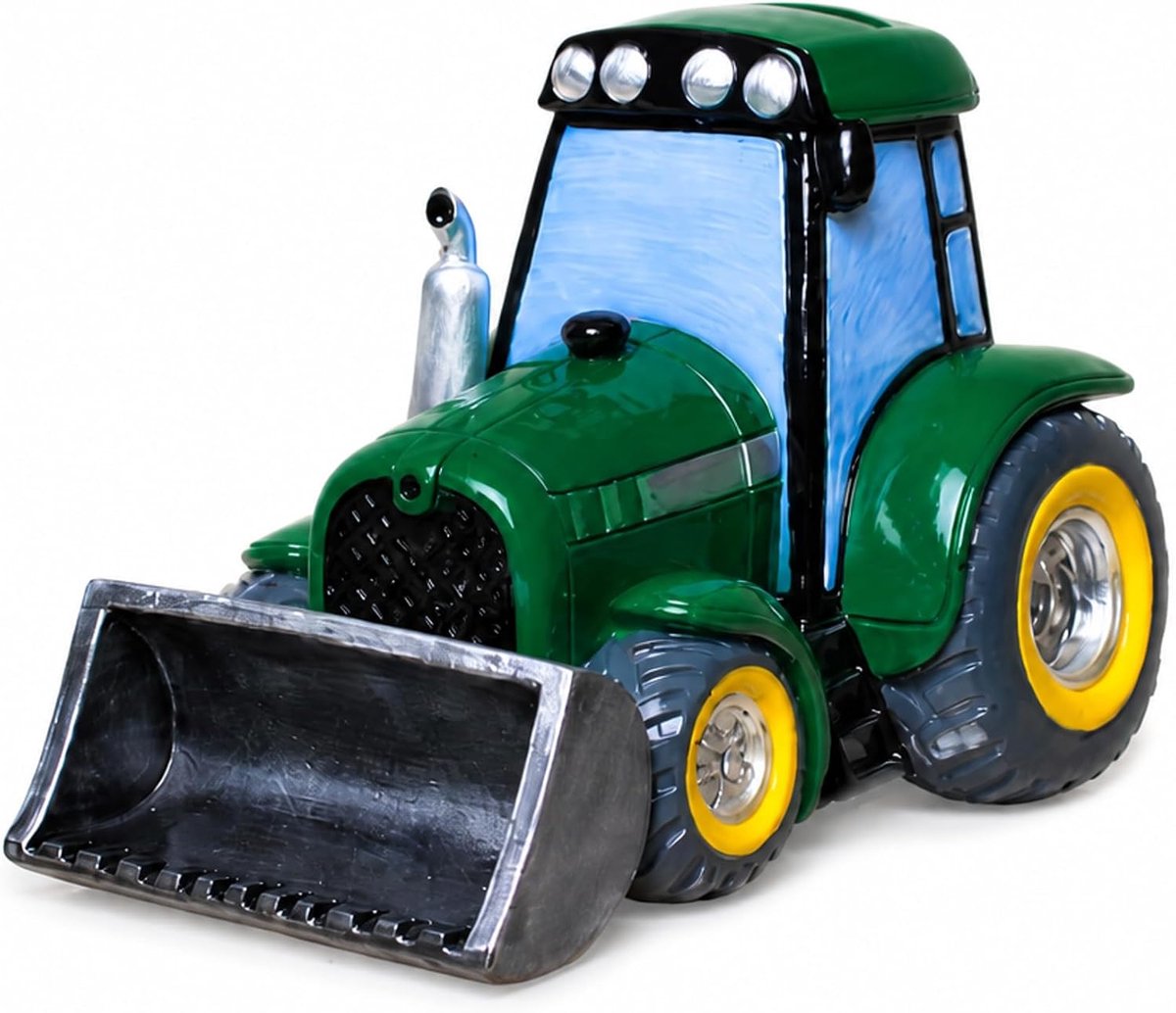 Grote spaarpot, spaarpot, spaarvarken groene tractor met schep met draaisluiting