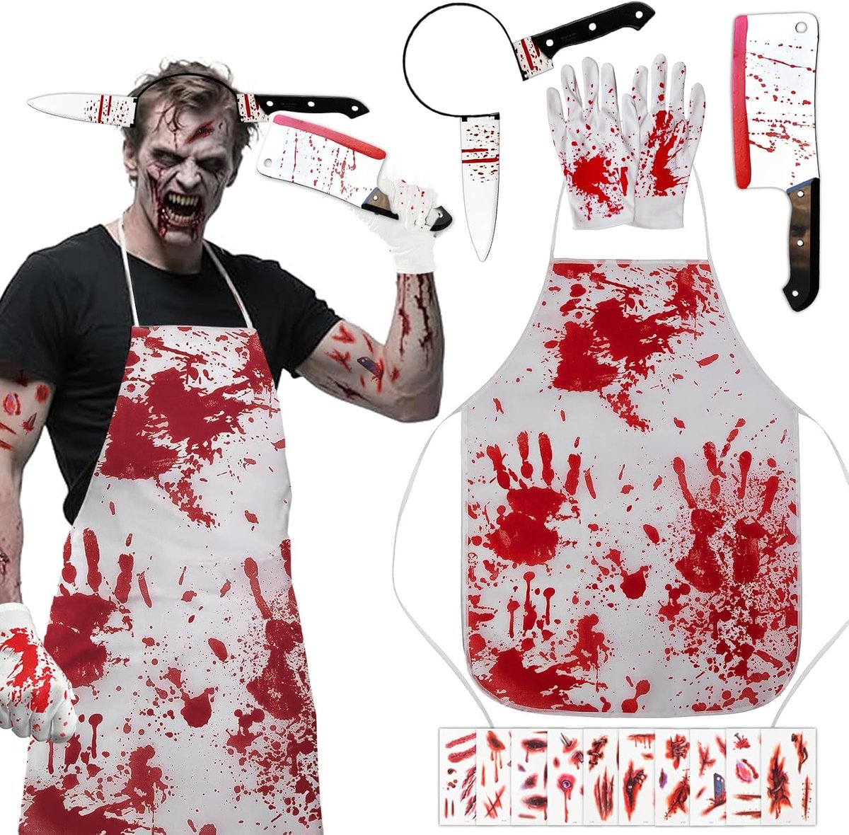 Halloween-kostuum voor heren, slagerkostuum, horror met bloedig schort, horroraccessoires voor Halloween-party, carnaval