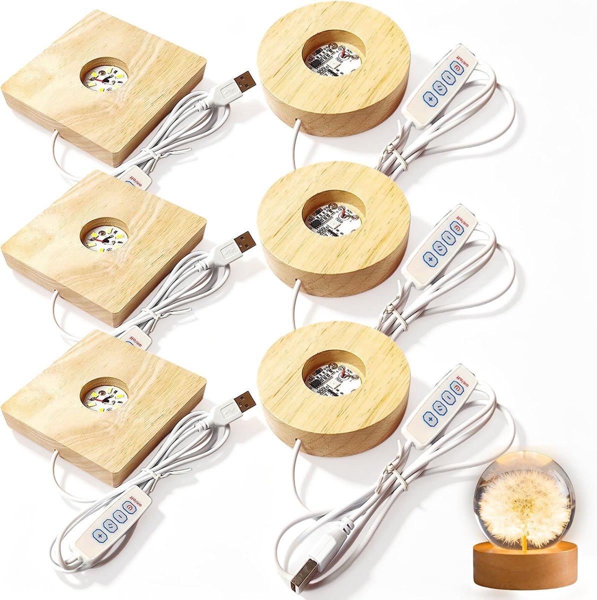 6 stuks LED houten sokkel USB: massief hout 3 kleuren licht LED lichtsokkel, 8cm veelzijdige decoratieve display basis, praktische lampvoet hout voor kristallen bol glas acryl, 3 cirkels + 3