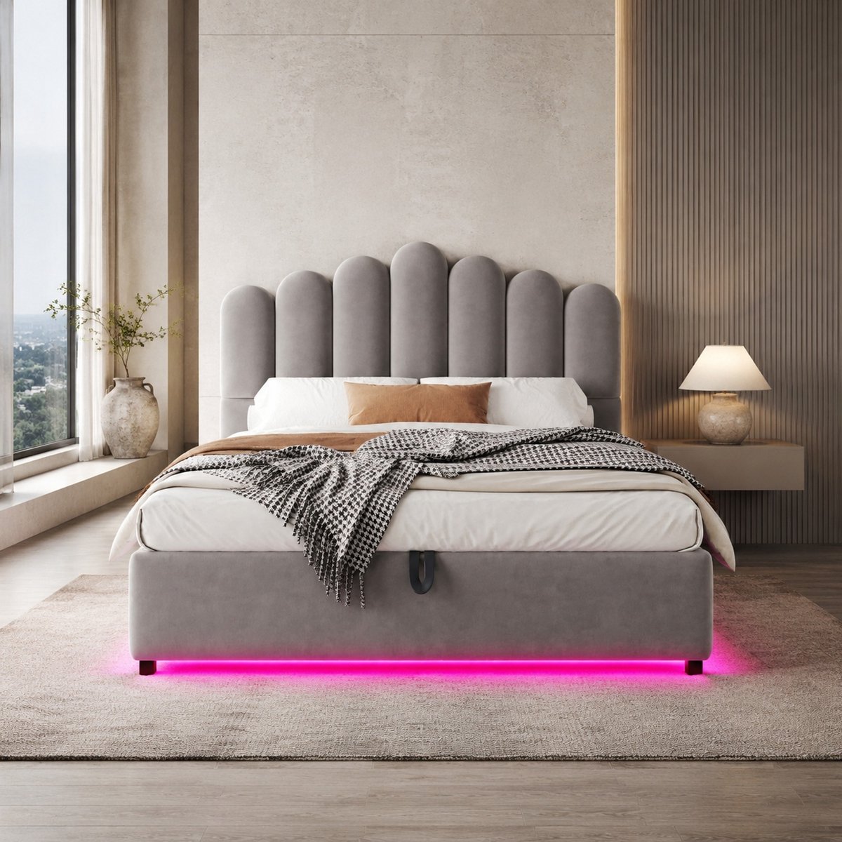 MODENUIT Gestoffeerd Bed – Hydraulische Opbergruimte – 140 x 200 cm – Fluweelstof – Grijs – Met LED-verlichting