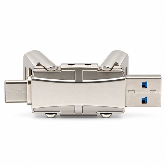 Zilverkleurige MillionShine 2-in-1 USB-stick, met de USB-C en USB-A aansluitingen zichtbaar.