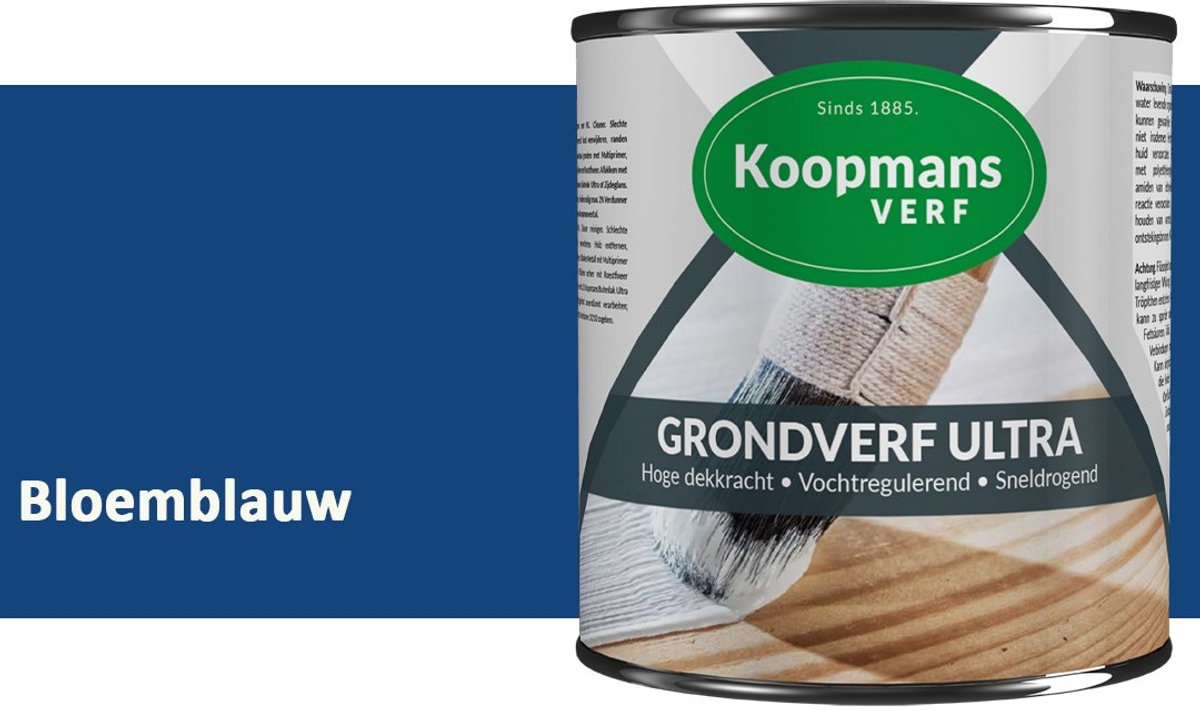 Koopmans Grondverf Ultra – Grondverf Hout & Metaal Binnen en Buiten – Vochtregulerende Primer – Hoge Dekking – Zijdeglans – Bloemblauw – 375 ml