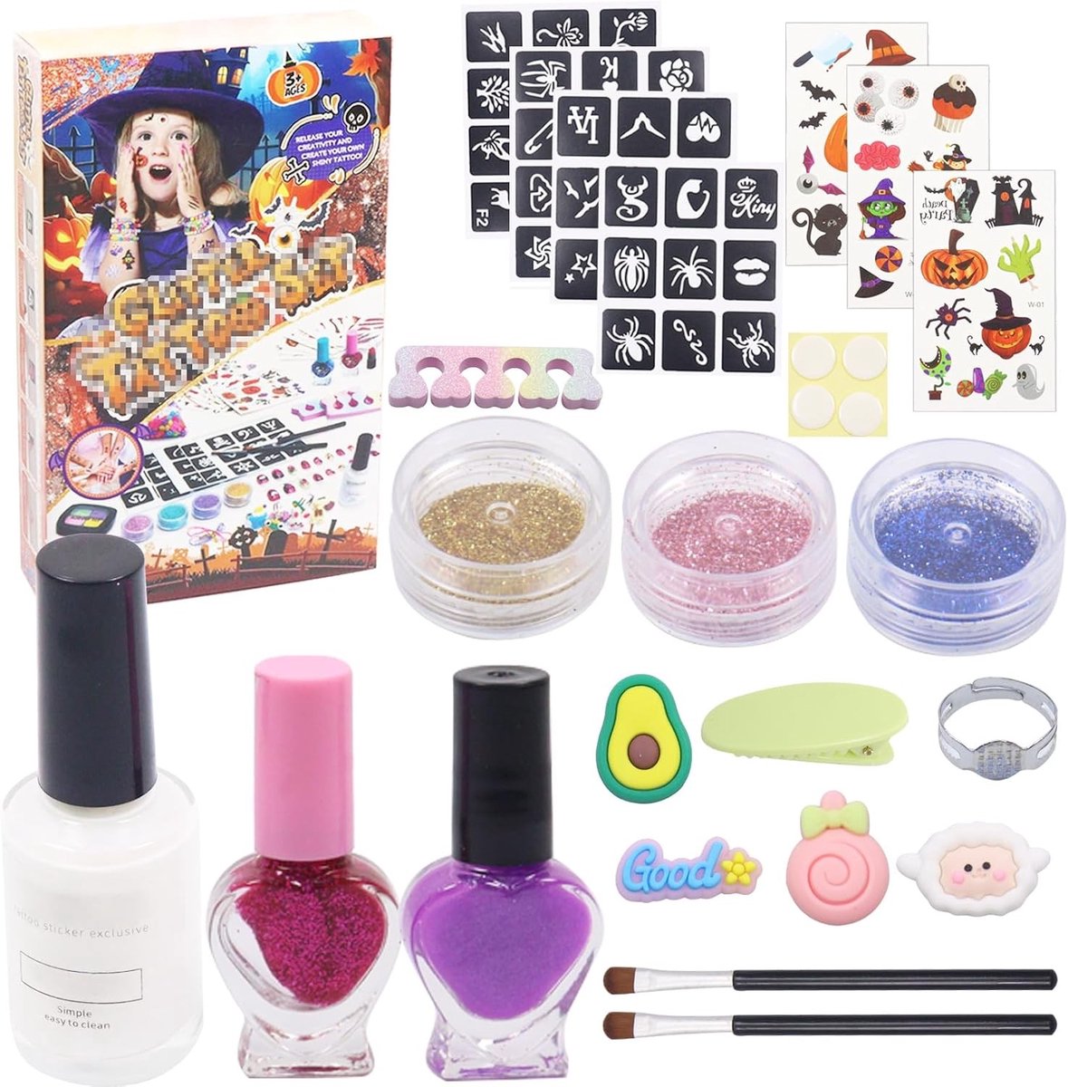 22-delige Glitter Tattoo Set voor Kinderen, Tijdelijke Glitter Tattoos voor Meisjes, Make-up Set voor Halloween met Sjablonen, Lijmringen en Haarclips
