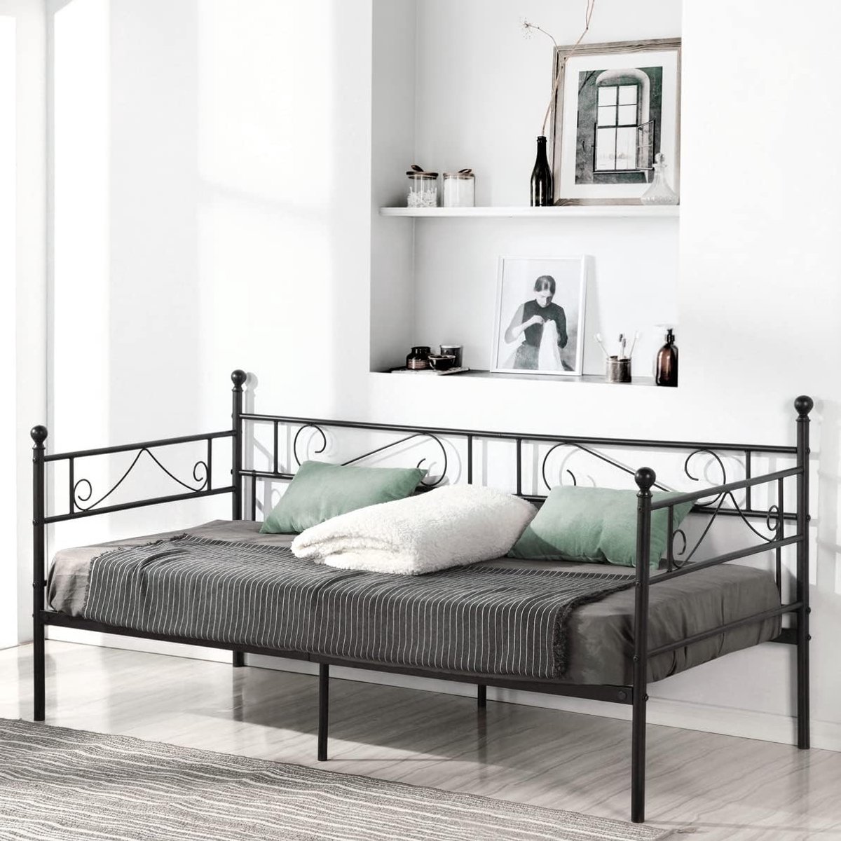 Metalen bedframe van smeedijzer voor volwassenen, geschikt voor matrassen van 90 x 190 cm, zwart