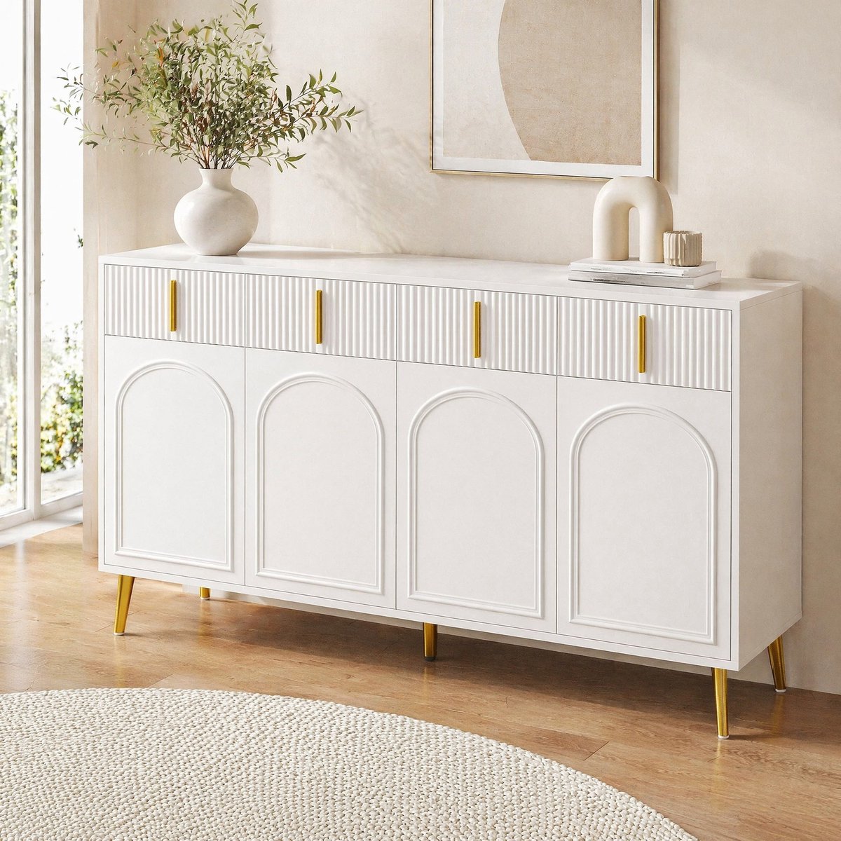MEUNIQ Dressoir 140 cm met 4 deuren en 4 lades, verstelbare planken, goudkleurige handgrepen en poten, wit voor woon- en eetkamer