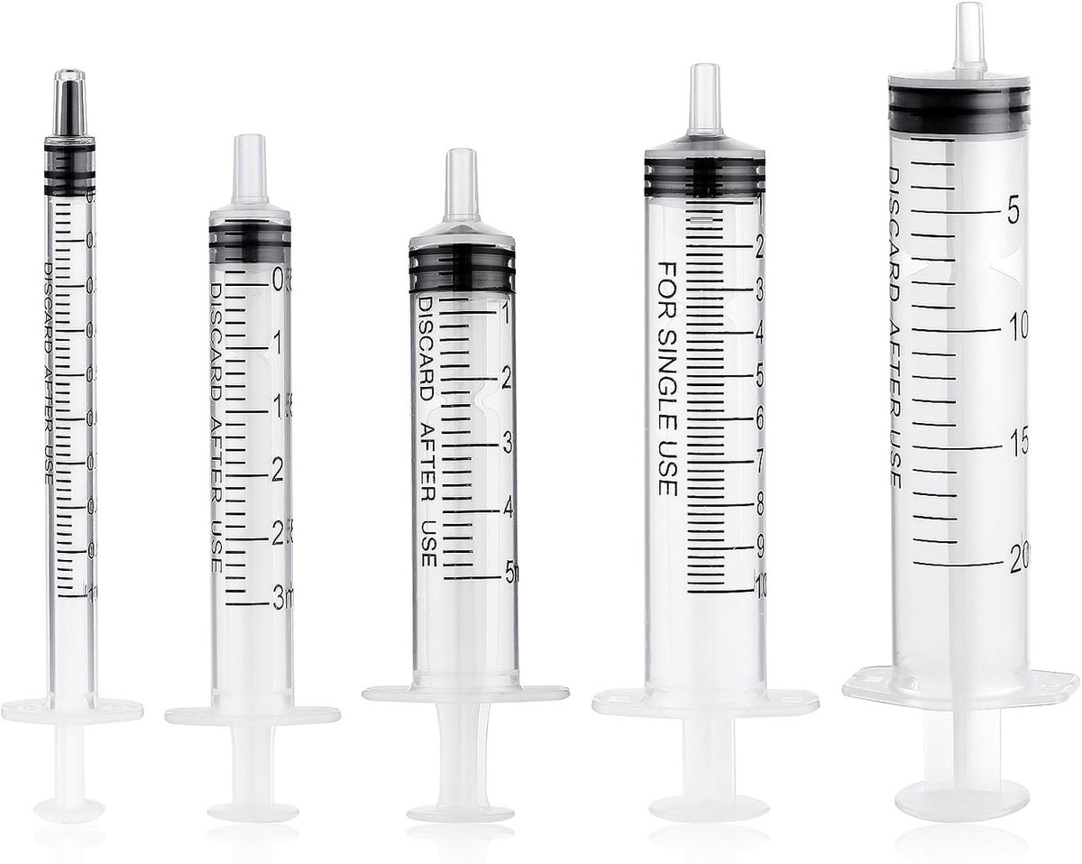 Set van 5 Herbruikbare Spuiten zonder Naald voor Vloeistofmeting - Perfect voor Voeding, Laboratorium en Plant Irrigatie - 1.0 ml tot 20 ml Formaten