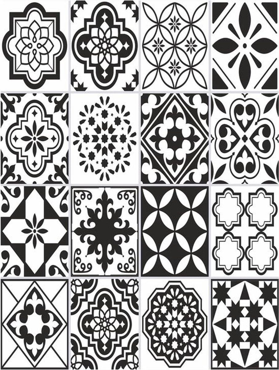Tegelstickers voor Badkamer en Keuken - Zwart-Wit - 16 Plaktegels 15x20 cm