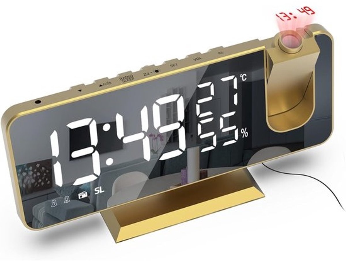 Digitale wekker met projector en FM-radio: Groot LED-spiegeldisplay met temperatuur en luchtvochtigheid