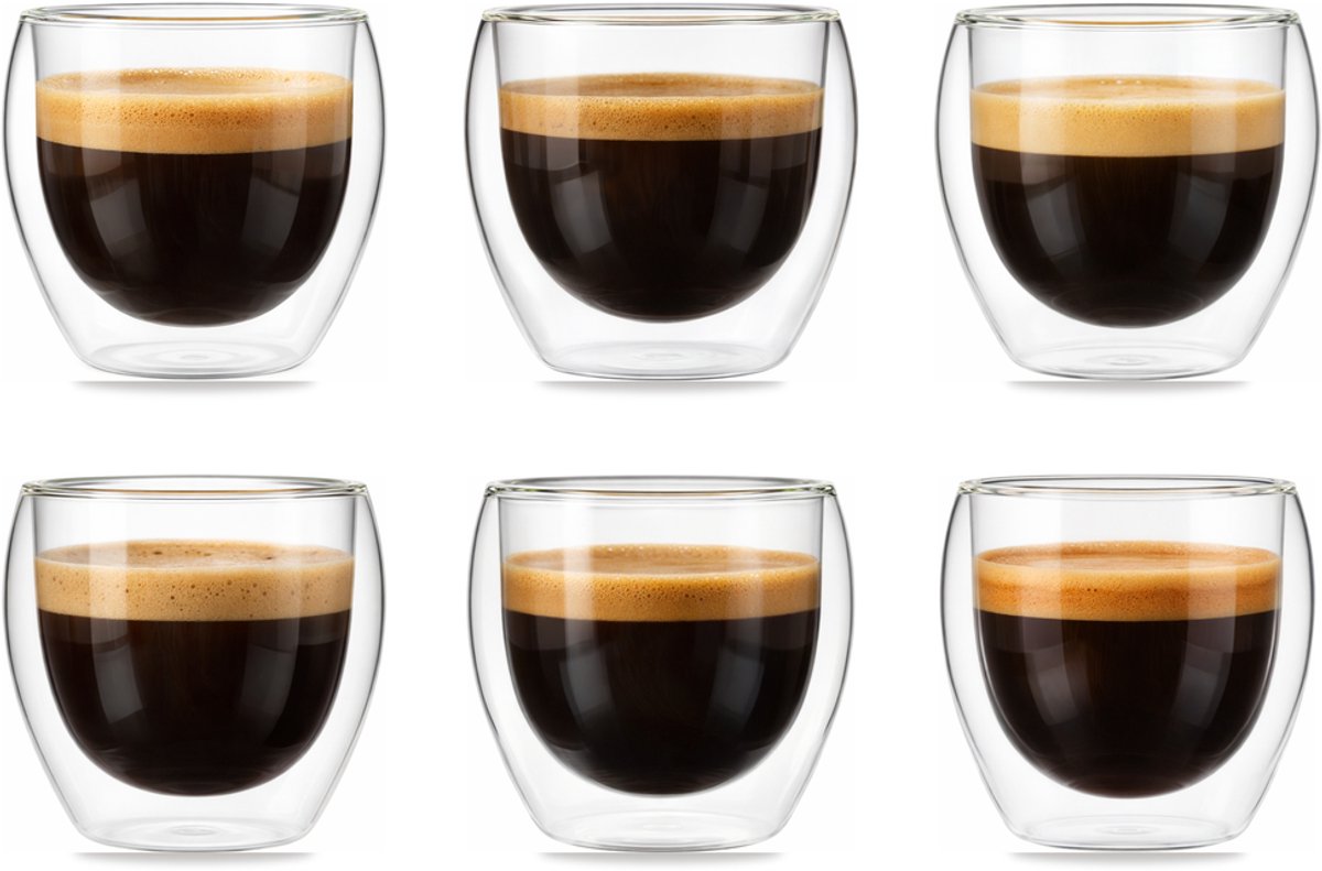 Bol.com Betrahan Handgeblazen Dubbelwandige Glazen - 80ML Set van 6 - Espressoglazen - Koffieglas - Shotglas aanbieding