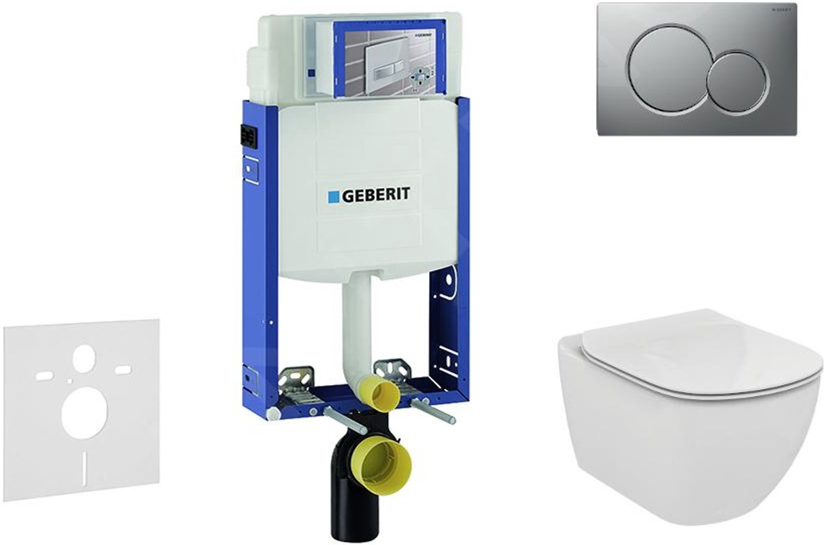 Inbouwreservoir voor hangend toilet met SIGMA01 bedieningsknop, mat chroom + Ideal Standard Tesi - hangend toilet en wc-bril, Aquablade, SoftClose