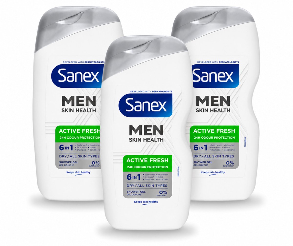 3 x Sanex – Douchegel – Men Active Fresh – 400 ml - Voordeelverpakking - 3 stuks
