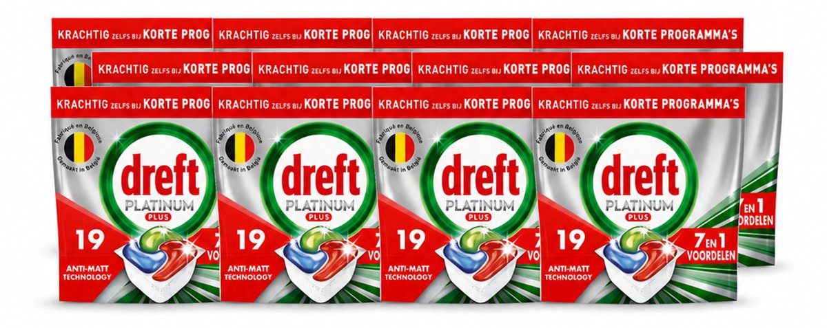 12 x Dreft - Vaatwastabletten - Platinum Plus All-in-One - Krachtige reiniging - 19 Tabletten - Voordeelverpakking - 12 stuks
