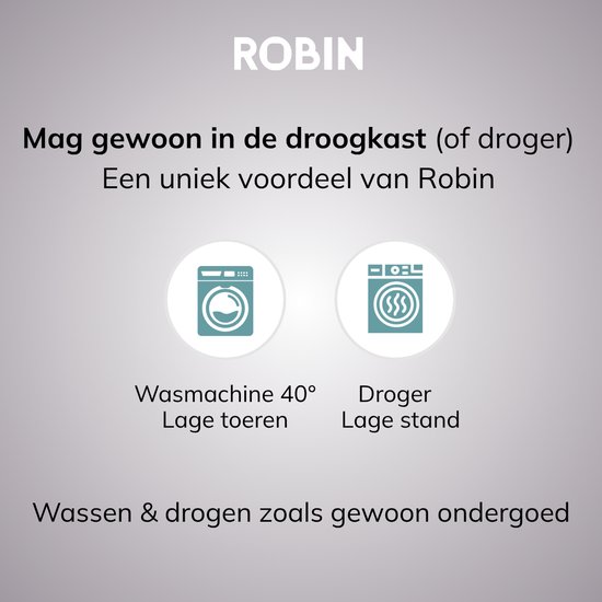 Pictogrammen tonen Robin ondergoed wasbaar in machine op 40° en droogbaar op lage stand.