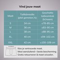 Maattabel met maten S tot XXL, taillebreedte en geschatte tailleomtrek. Diagram van een boxer met maatindicatie.