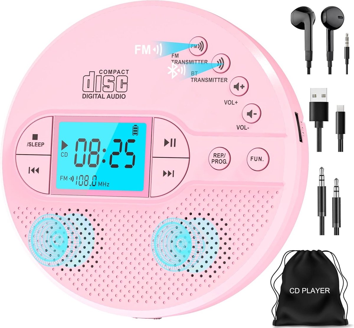 Draagbare cd speler Bluetooth - Zwart - 2000 mAh Batterij - Met FM-zender en Dubbele Luidsprekers - Voor Muziekliefhebbers