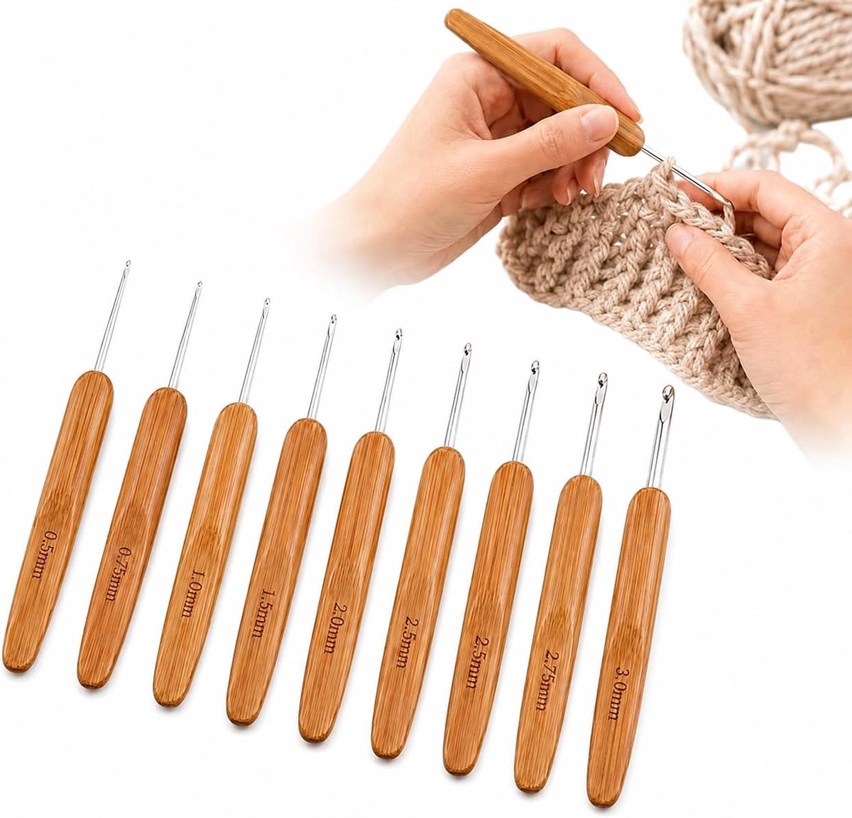 8 Stuks, 0.5-3.0 mm Haaknaalden met Bamboe Handvat, Vlechtnaalden voor Dreadlocks, Haarverzorging, Haken, Breien en DIY Projecten zoals Truien, Hoeden en Sjaals
