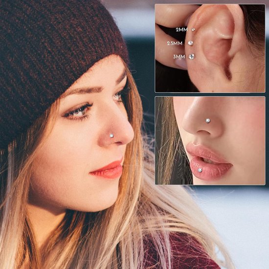 Studs Chirurgische Stalen Neus Piercings Hypoallergene Draadloze Push in Labret Medusa Lip Piercing Flat Back Kraakbeer Oorbellen Conch Tragus Helix Piercings Goud/Zilver — afbeelding 3
