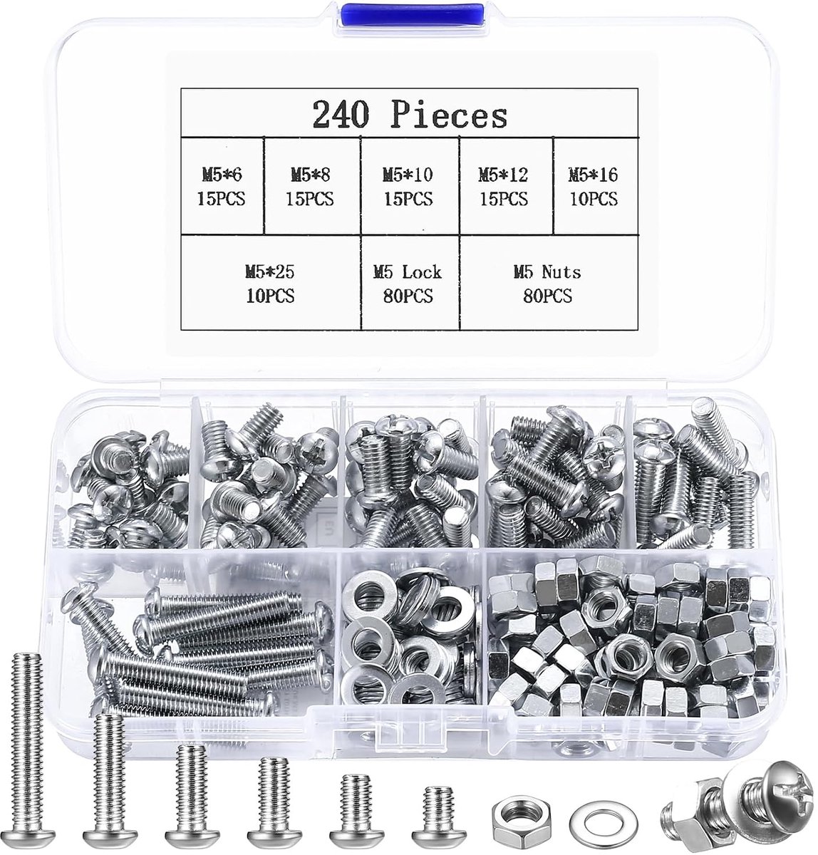 Schroeven en moeren set, 240 stuks cilinderkopbouten en zeskantmoeren en sluitringen assortimentsset, bouten met ronde kop voor machine