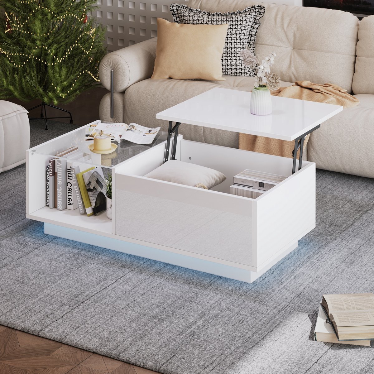 Sweiko Salontafel - Hoogglans - LED verlichting - In hoogte verstelbaar - Opbergplank - Wit