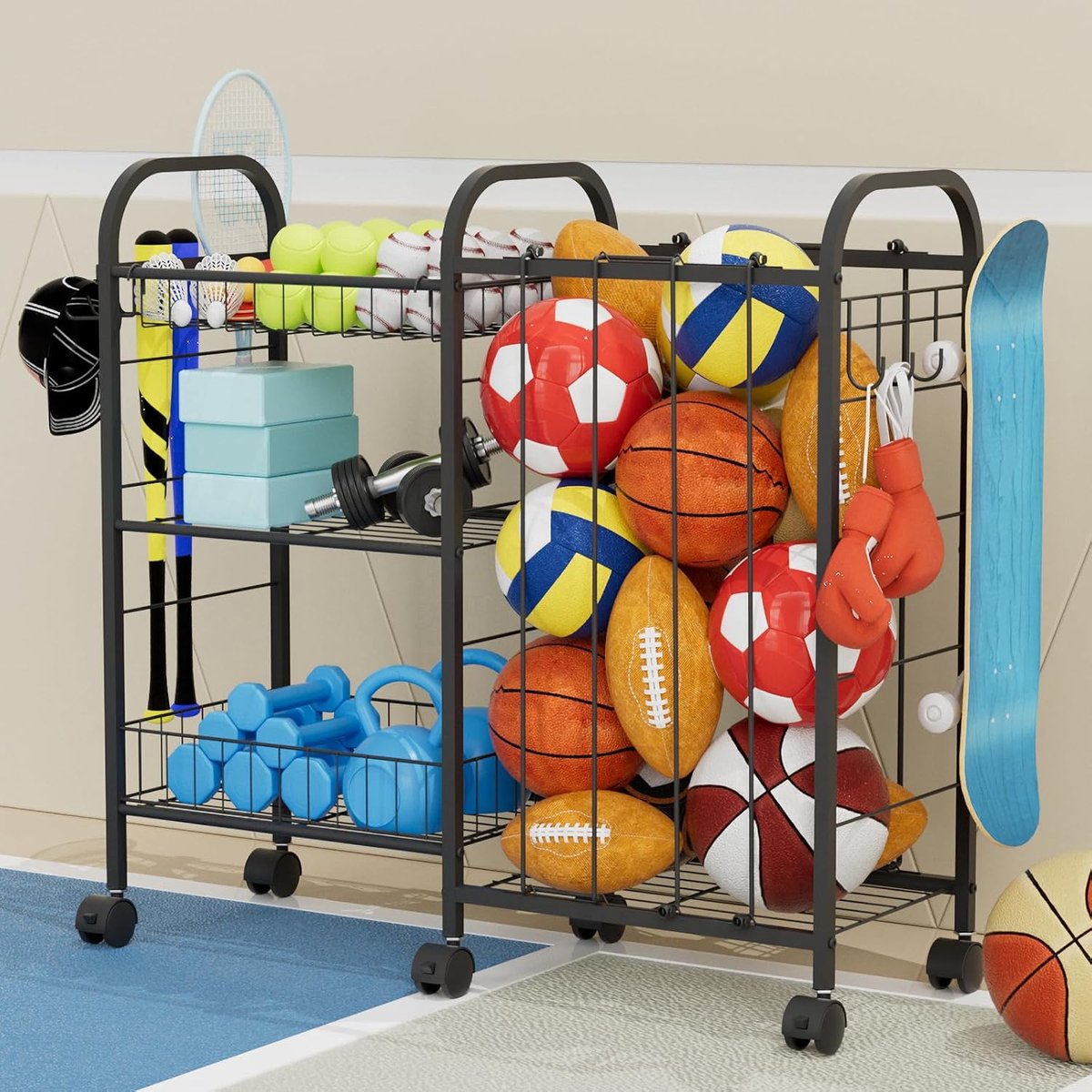 Sportbal-opbergwagen met 6 wielen, elastiek, afneembare mand, haken, opbergrek voor sporttoestellen voor garage, kinderkamer, binnenplaats, school, binnen en buiten
