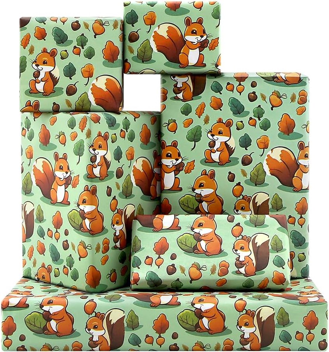 Inpakpapier voor eekhoorn, schattige eekhoorn plukken met groene bladeren in de herfst bos inpakpapier, 4 vellen gevouwen plat 50 x 70 cm geschenkverpakking voor kinderen verjaardag babyshower