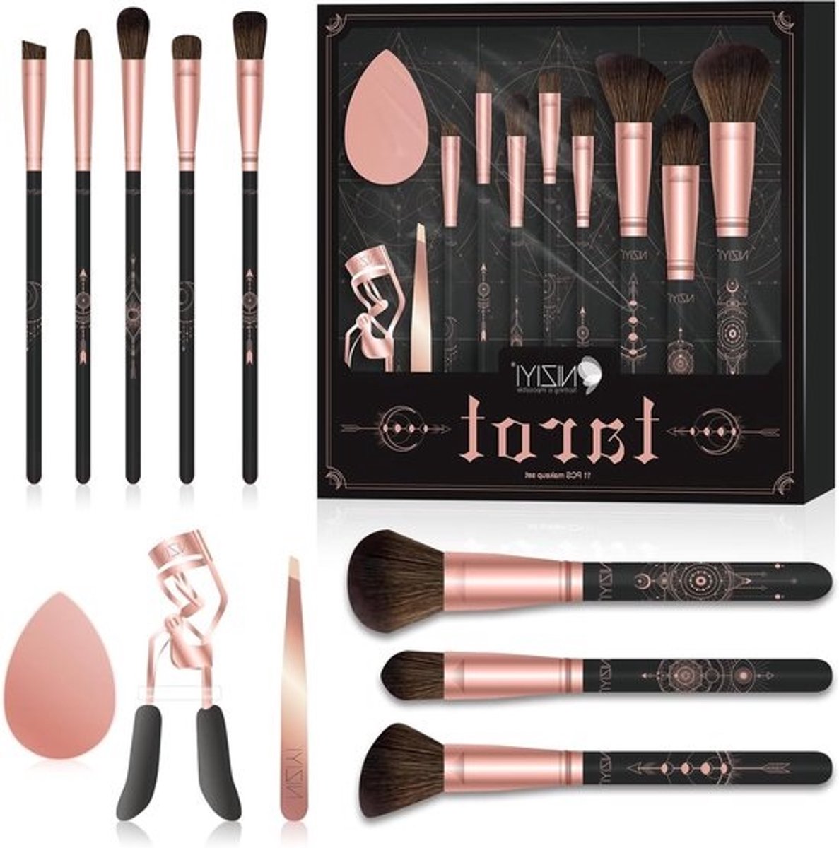 Complete make-upborstelset met 11 delen voor foundation, poeder, oogschaduw en blush, inclusief spons en wimperkruller