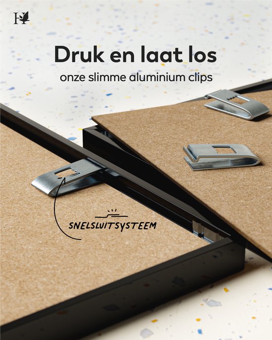 Achterzijde van fotolijsten met metalen clips en snelsluitsysteem voor eenvoudige montage.
