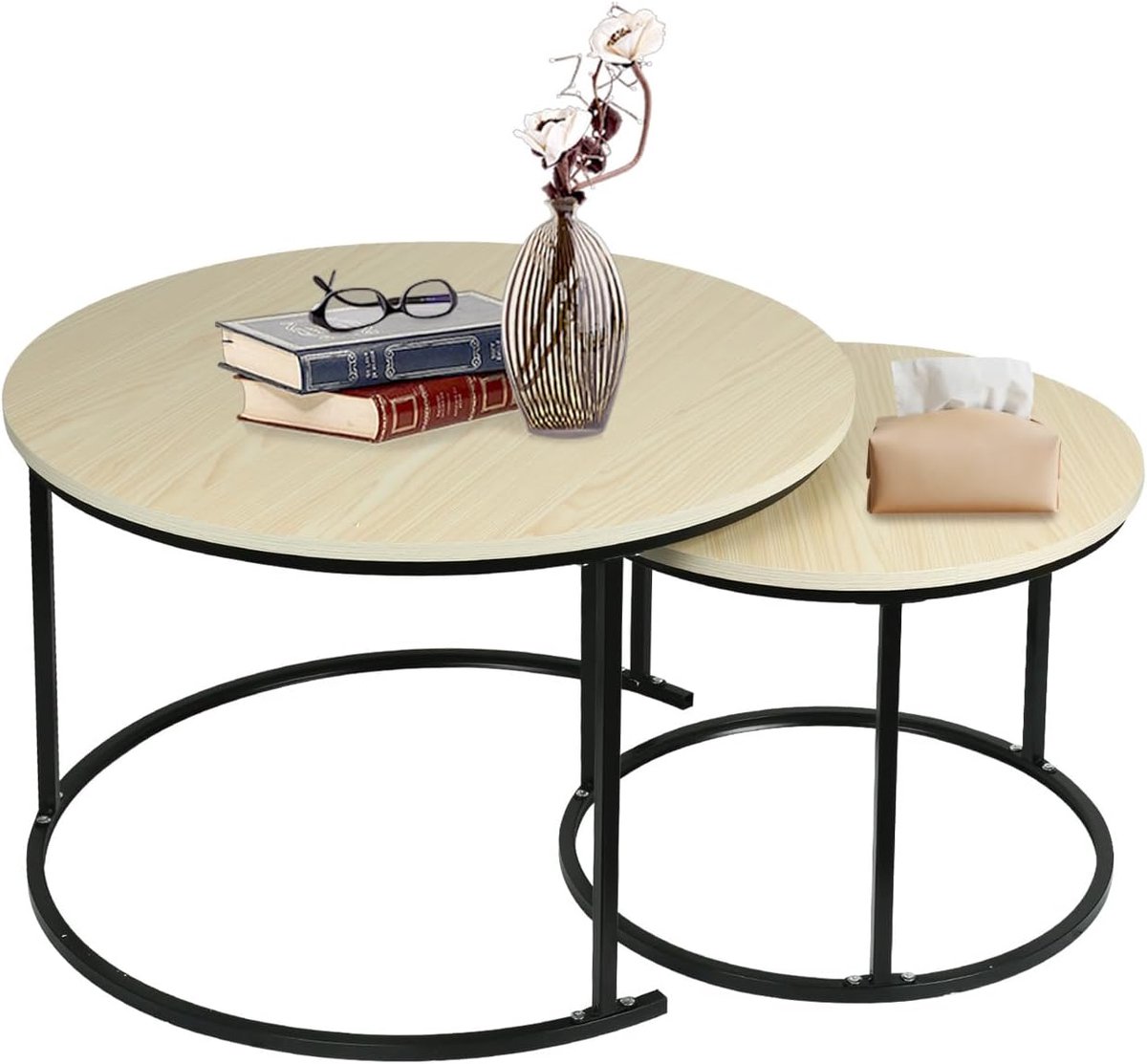 Marmerlook bijzettafel voor woonkamer diameter 40 + 60 cm groot rond MDF voor woonkamer, slaapkamer, balkon-B (60 x 60 x 45 en 40 x 40 x 38) esdoorn wit