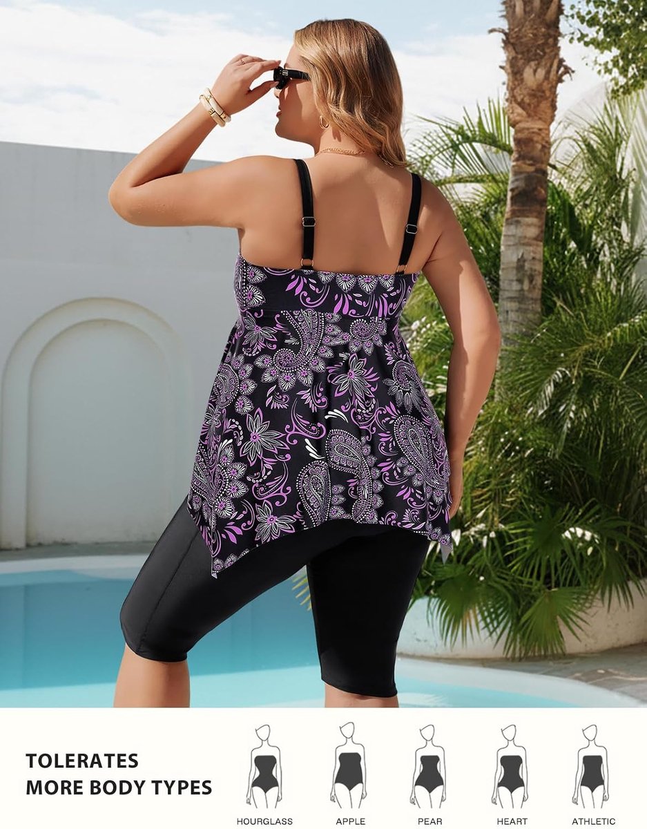 Nikole Tankini voor dames, buikweg, grote maten, push-up, tweedelig badpak, V-hals, onregelmatige zoom, badmode, bovendeel met zwemshorts