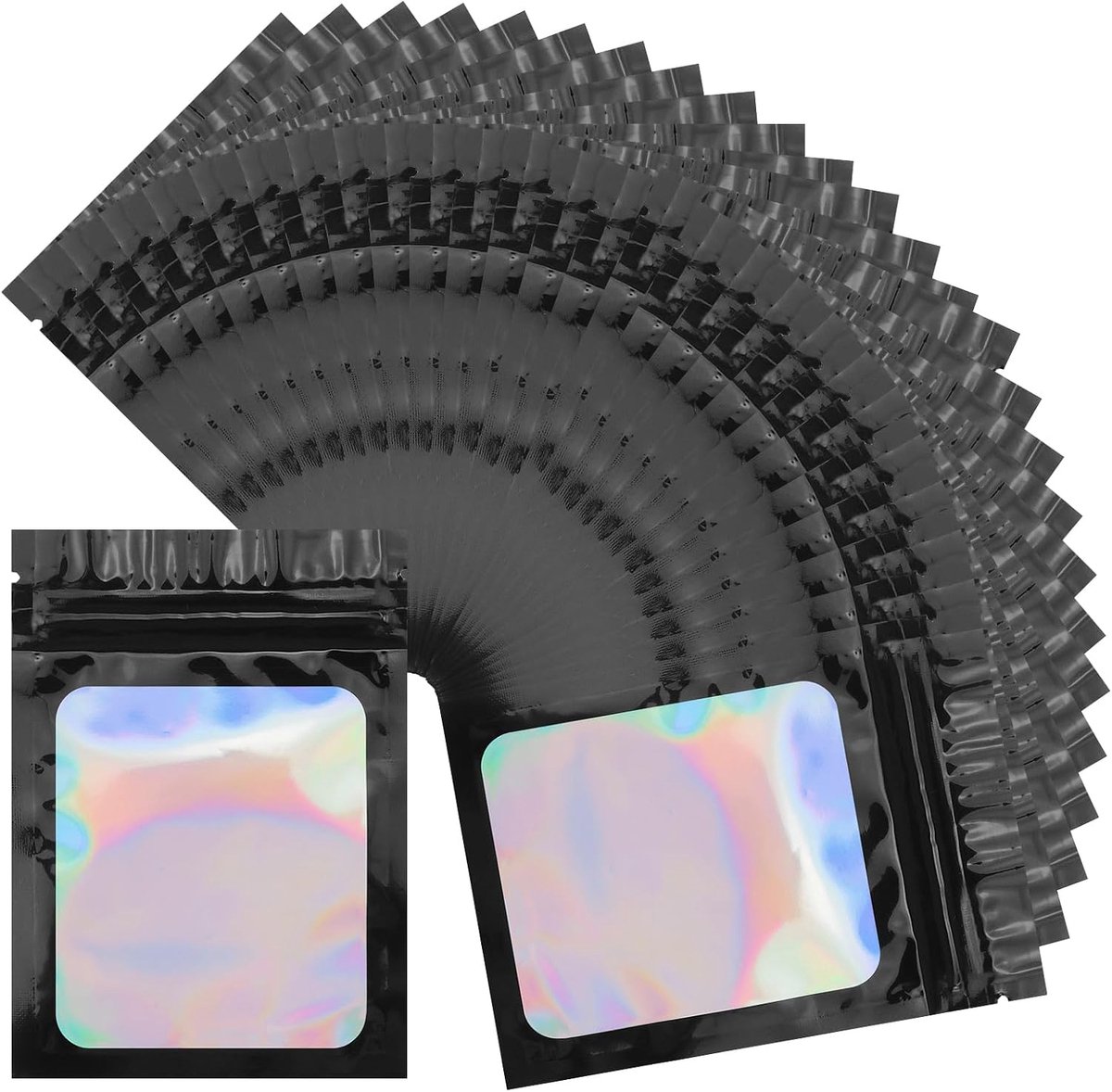 200 stuks druksluitzakken, zwart met venster, kleine holografische luchtdichte zakken, hersluitbare plastic zakken, afsluitbaar, 7 x 10 cm, ritszakken, voor levensmiddelen