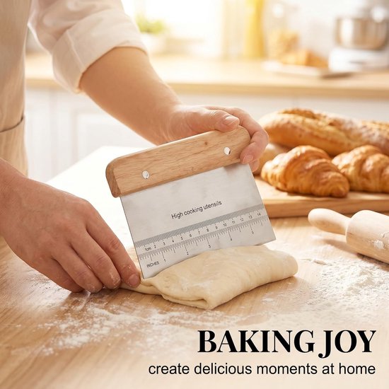 Tarock voor deegwaren van roestvrij staal met getrapte schaal, pizzaschraper en professionele deegsnijder met houten handvat, keukenschraper voor brood, snoep en gebak, 15 x 11 cm, 2 stuks — afbeelding 3