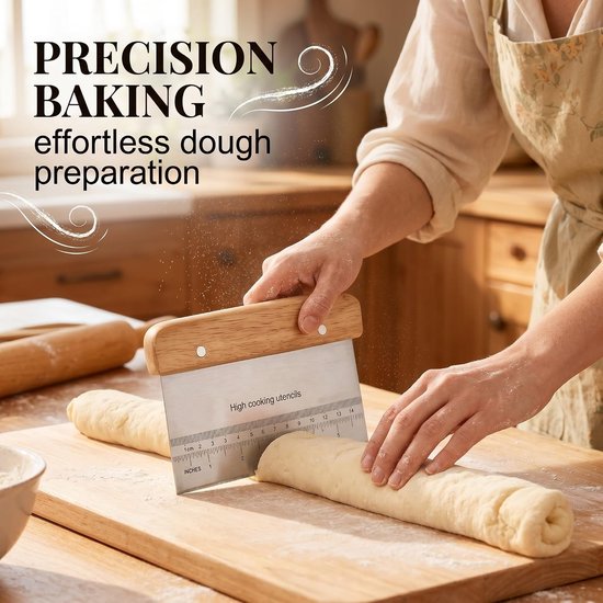 Tarock voor deegwaren van roestvrij staal met getrapte schaal, pizzaschraper en professionele deegsnijder met houten handvat, keukenschraper voor brood, snoep en gebak, 15 x 11 cm, 2 stuks — afbeelding 2