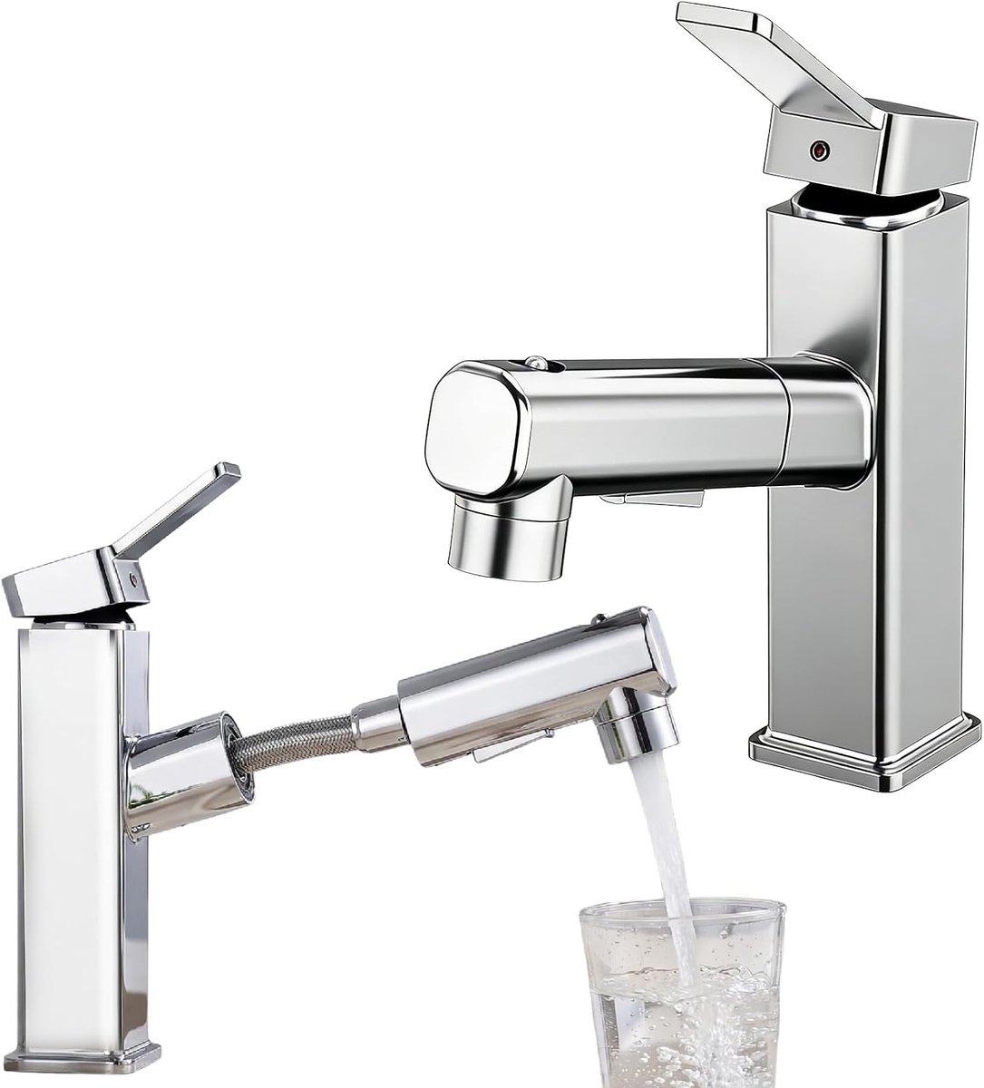 Kraan voor badkamer, hogedruk wastafelarmatuur met uittrekbare douche, 3 straalsoorten, eengreepsmengkraan, wastafelarmatuur voor badkamer