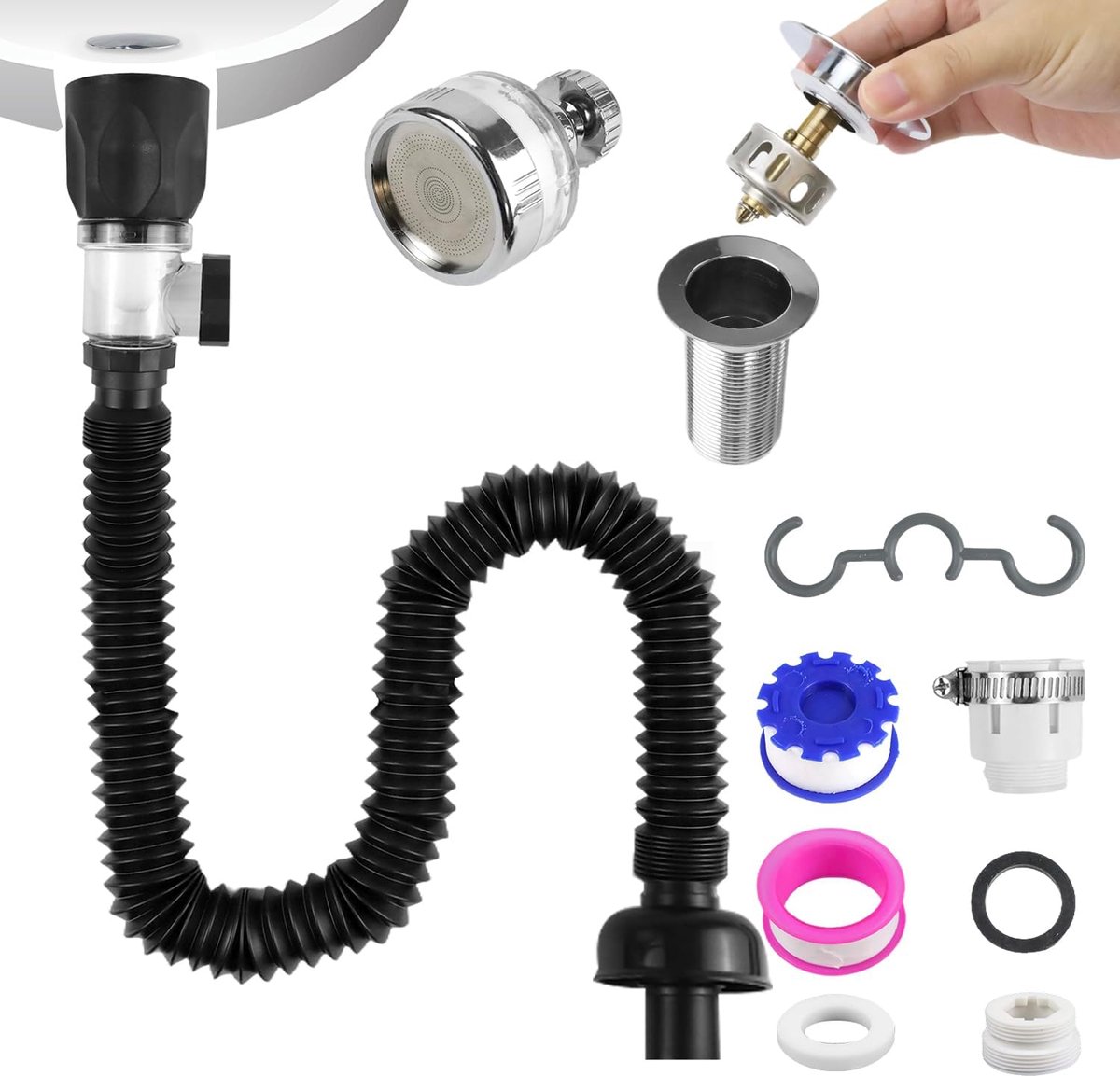 Zwart, wastafel sifon met waterfilter kraan, wastafel afvoergarnituur kit, anti-verstopping geur en insect bestendig PVC afvoerpijp
