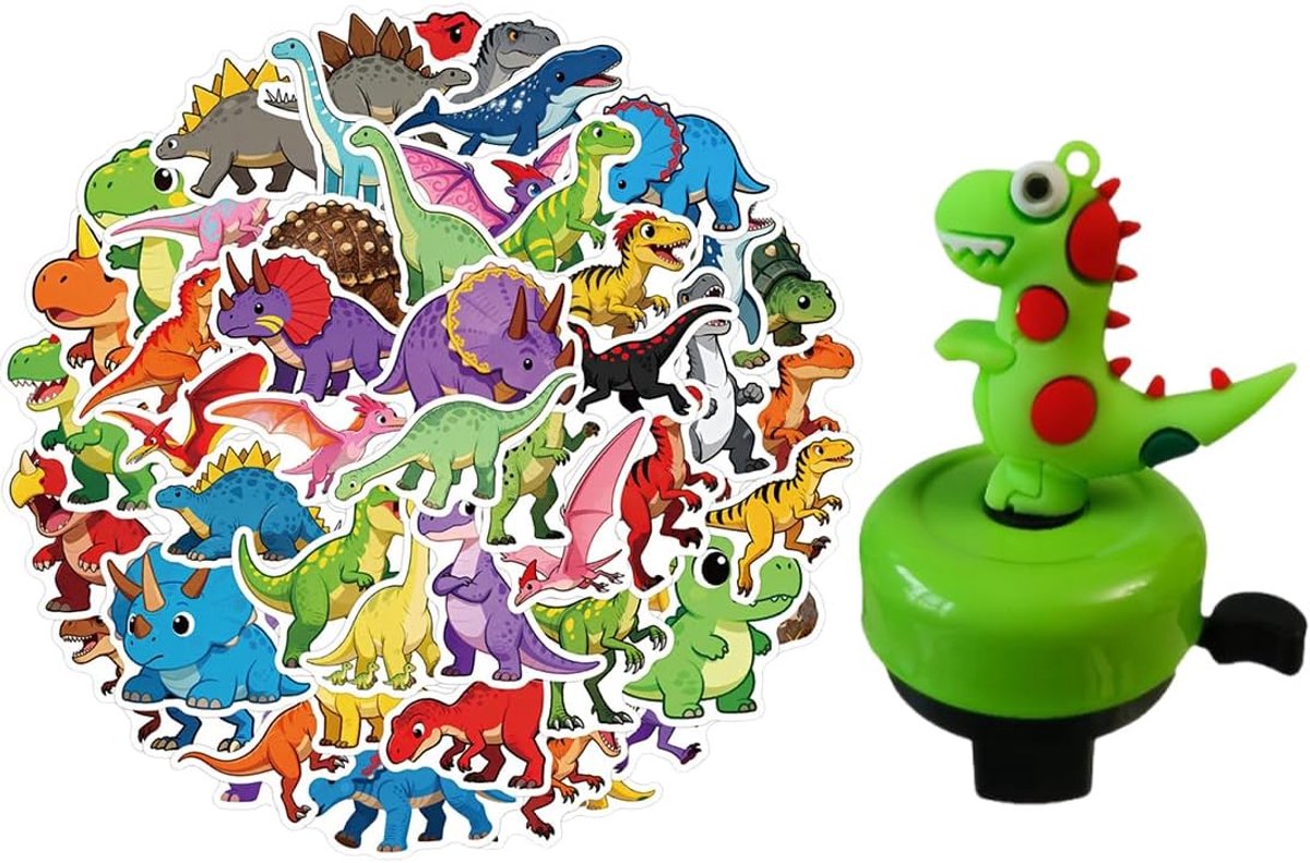 Dinosaurusbelset voor kinderfiets, bevat 50 stickers, claxon compatibel met fiets, scooter, driewieler, buitenaccessoires, ideaal voor kinderen en volwassenen