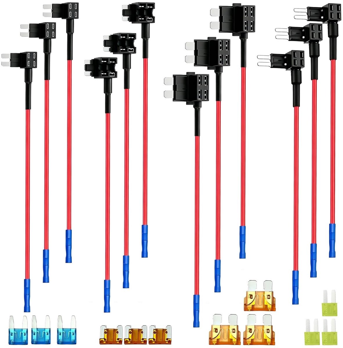 Adapter met 12 zekeringen, 4 typen, extra zekeringhouders, met mini/micro/miniatuur 2 standaard 5A/10A/15A/20A zekeringen, geschikt voor auto's, motoren, vrachtwagens en schepen.
