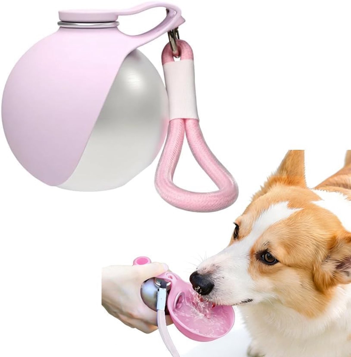 285 ml roestvrijstalen waterfles voor honden, 285 ml hondendrinkfles roestvrij staal, lekvrije reisdrinkbak voor katten, met opvouwbaar, voor kleine honden en katten, voor reizen, kamperen (roze)