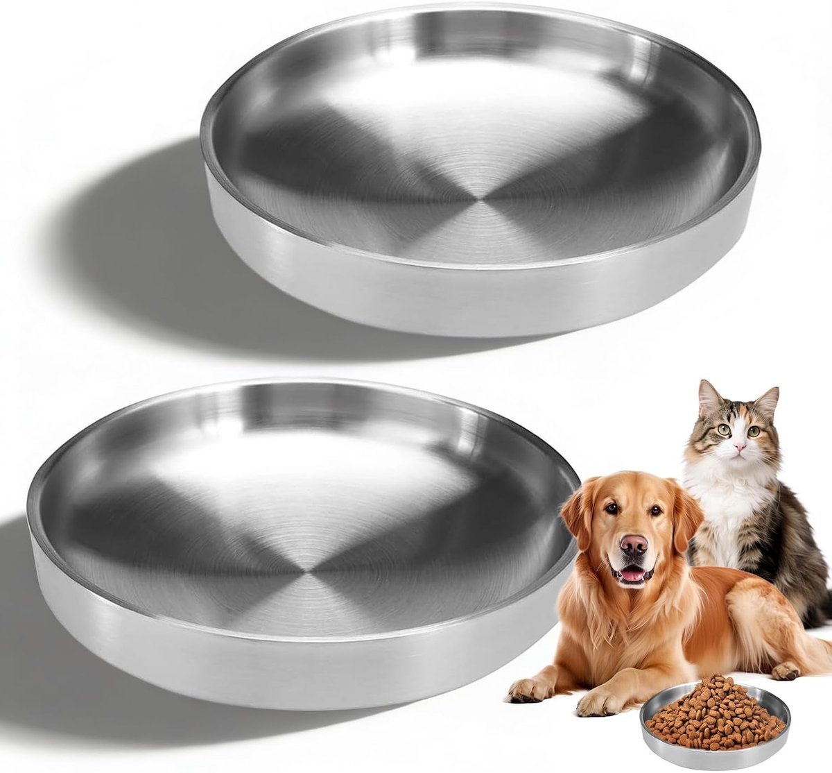 2 stuks 304 roestvrijstalen kattenbak, metalen kattenbak, platte multifunctionele voerbak, kat, waterbak, katten, kattenbord, voerbak, set voor droogvoer en natvoer (15 cm)
