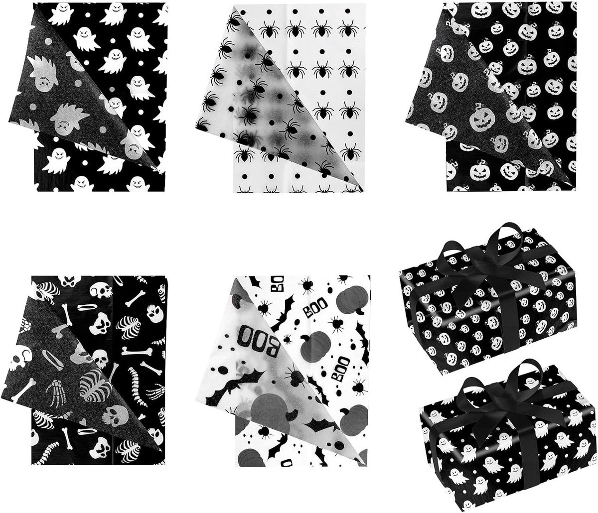 30 Vellen Halloween Vloeipapier, 35x50cm Inpakpapier Pompoenen Spoken Schedels Vleermuizen Spinnenweb Bedrukt 5 Stijlen Verpakking Cadeaus voor Halloween Feest Decoratiebenodigdheden (Set 1)