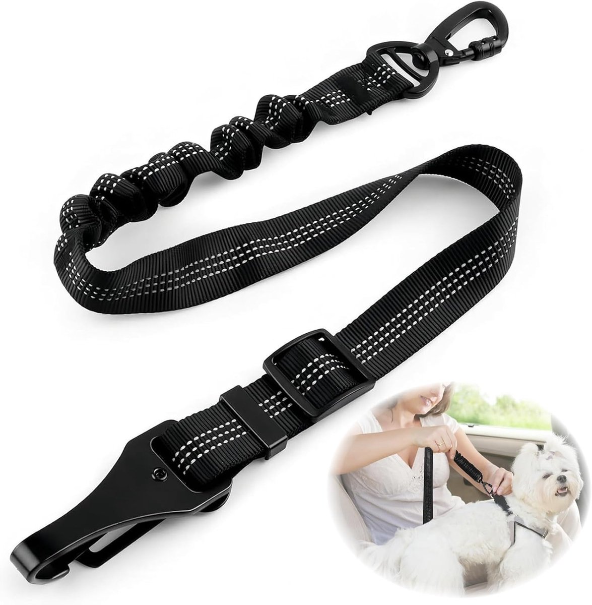 Veiligheidsgordel voor honden, 3-in-1 katten- en hondenriem, met dubbele beveiliging, karabijnhaak en schokabsorptie, verstelbaar, voor alle soorten auto's en alle katten en honden