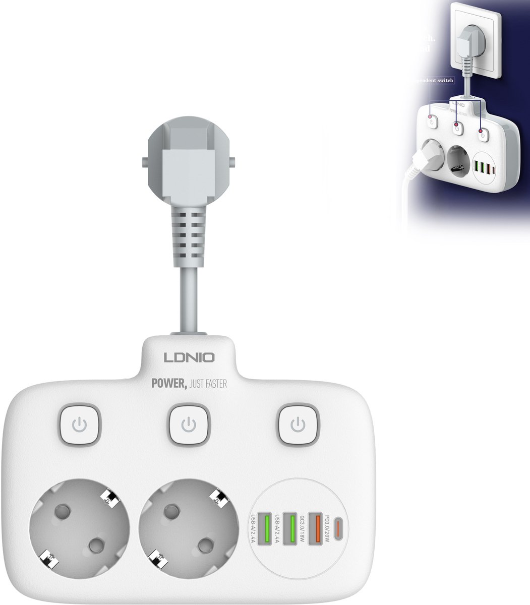 Slimme stekkeradapter - Adapter met meerdere stopcontacten - Met 2 Europese standaard stopcontacten en 2 USB-poorten - QC3.0/PD - 20W - Wit