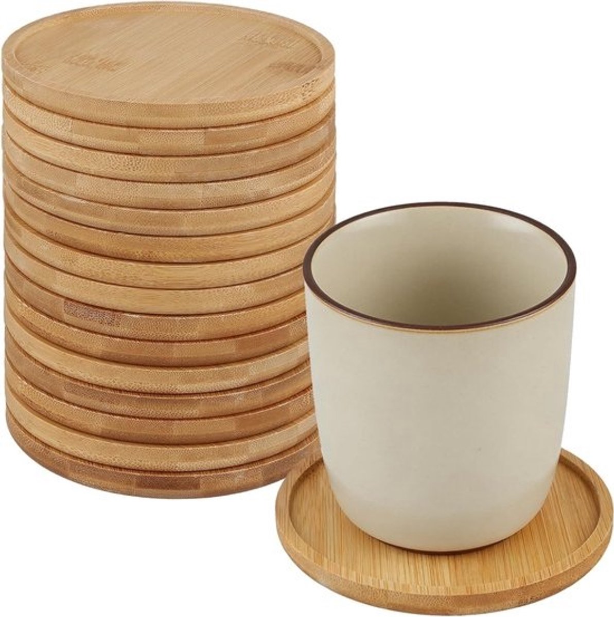 Set van 16 bamboe onderzetters, rond hout, 12.5 x 11.5 x 1 cm voor keuken, woonkamer en eetkamer