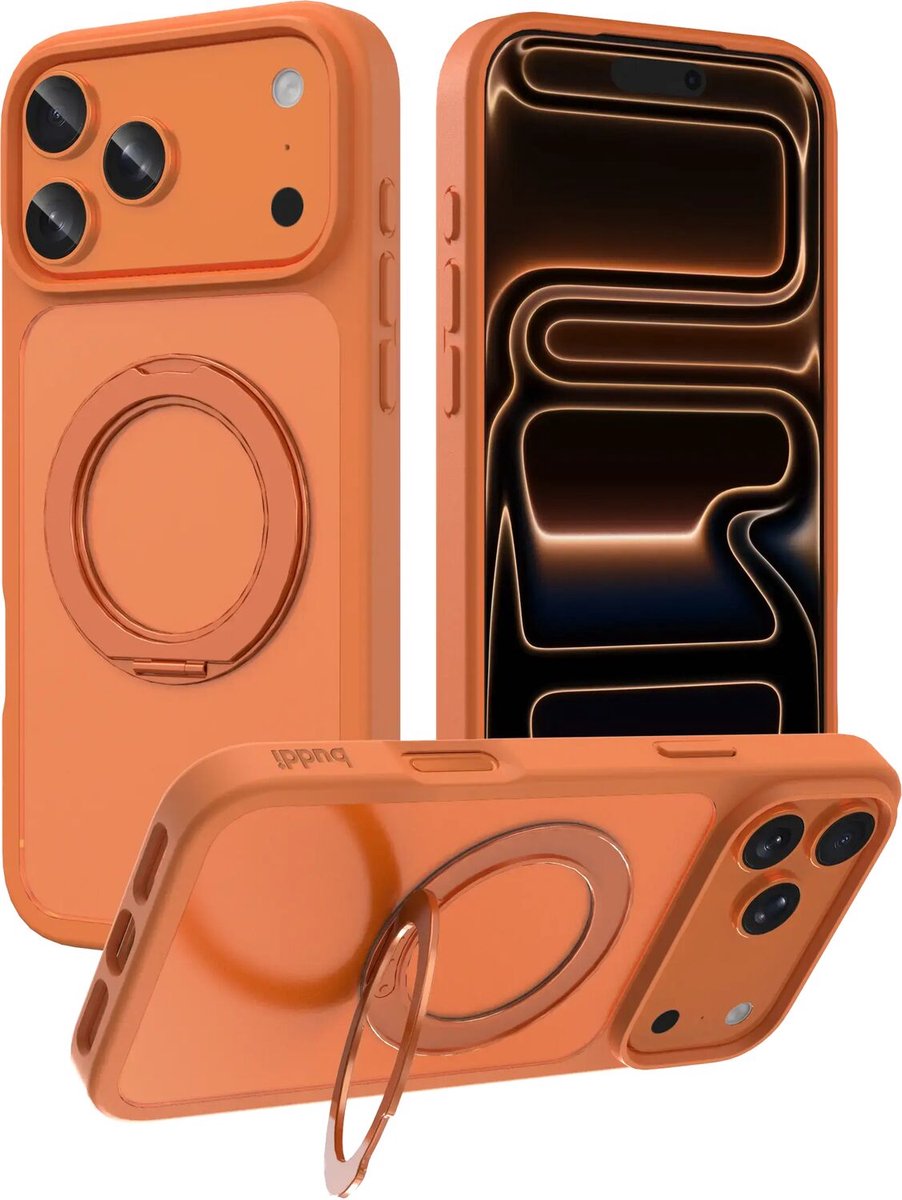 Buddi Frost Hoesje Geschikt voor Apple iPhone 17 Pro Max - Mat Oranje - Met Ring Stand - MagSafe Back Cover - Matchende kleur - Met 360° Draaibare Standaard - Shockproof - Slank