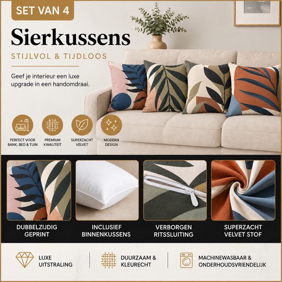 Set van 4 sierkussens, stijlvol & tijdloos, met dubbelzijdig print van bladeren in blauw, bruin en groen. Inclusief vulling.